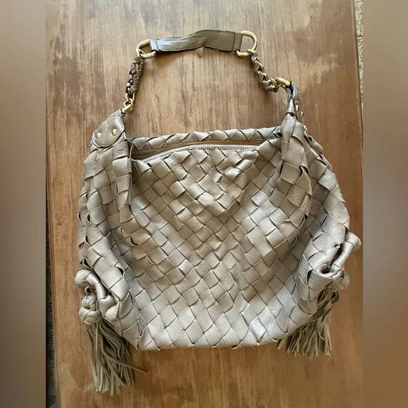Top Shop Real Leather Elegant greyish/ Tan Woven large Shoulder Bag - Picture 2 of 8